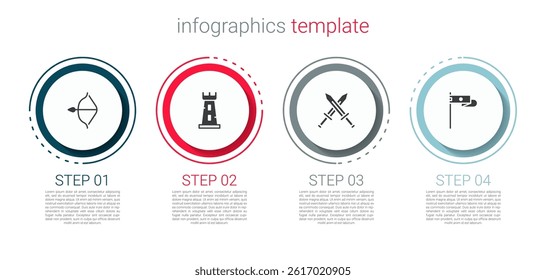 Set Medieval bow and arrow, Castle tower, Crossed medieval sword and flag. Business infographic template. Vector