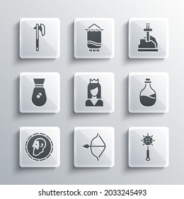 Set Medieval bow and arrow, chained mace ball, Old bottle of wine, Princess, Ancient coin, money bag, axe and Sword the stone icon. Vector
