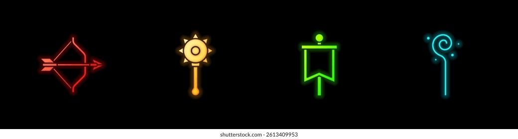 Set Medieval bow and arrow, chained mace ball, flag and Magic staff icon. Vector