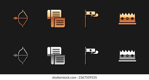 Establece arco y flecha medieval, Decreto, pergamino, pergamino, bandera y icono de la corona del Rey. Vector