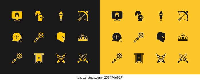 Set Medieval bow and arrow, flag, helmet, Skull with sword, Mace spikes, Torch flame,  and  icon. Vector