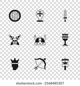Set Medieval bow and arrow, goblet, flag, Viking in horned helmet, sword, Round wooden shield, Crusade and Skull with icon. Vector