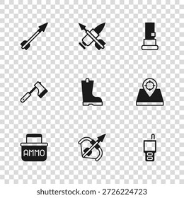 Set Mittelalterliche Bogen und Pfeil, Jagdplatz, Walkie Talkie, Wasserdichte Gummistiefel, Patronen, Geschossene Kugel mit und Holz Axt-Symbol. Vektorgrafik