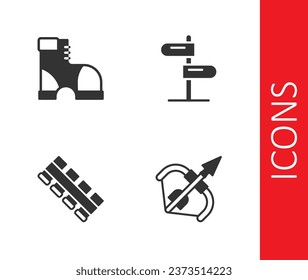 Set Medieval bow and arrow, Hunter boots, Hunting cartridge belt and Road traffic sign icon. Vector