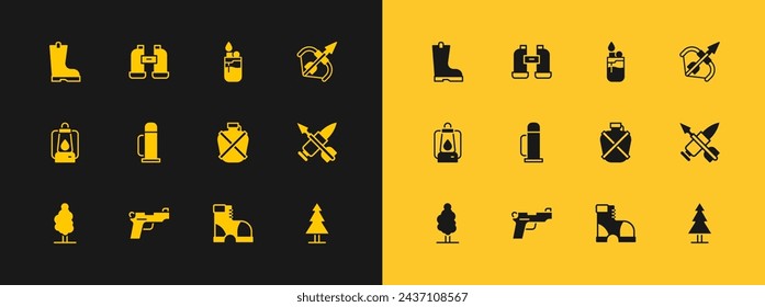 Conjunto arco y flecha medieval, pistola o pistola, botella de agua Canteen, botas de cazador, contenedor de termos, encendedor, goma impermeable y binoculares icono. Vector
