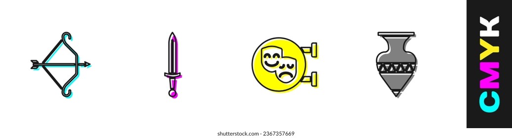Set Medieval bow with arrow, sword, Comedy and tragedy masks and Ancient amphorae icon. Vector