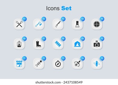 Set Medieval bow and arrow, Waterproof rubber boot, Wooden axe, Quiver with arrows, Swiss army knife, Photo camera, Burning match fire and Hunting cartridge belt icon. Vector