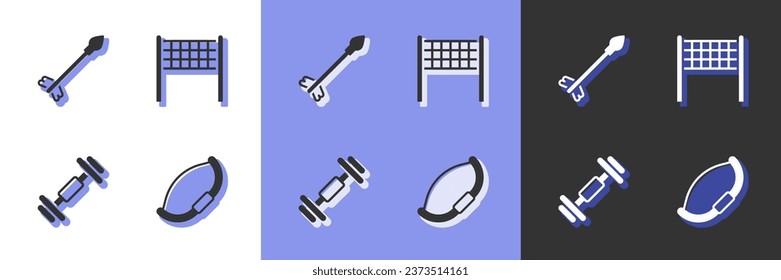 Set Medieval bow, arrows, Dumbbell and Volleyball net icon. Vector