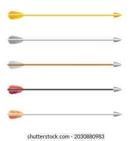 Set of Medieval Bow Arrows on White Background. Colorful Bright Decorative Cartoon Arrows for Poster Elements, Label, Sign, or Emblem