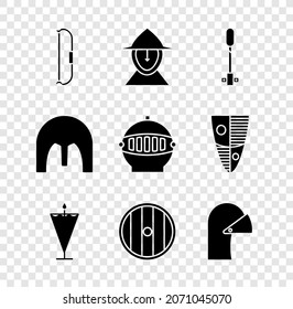 Arco medieval, casco de hierro, llama de antorcha, bandera, escudo redondo de madera e icono. Vector