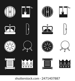 Conjunto arco medieval, corona del rey, escudo de madera redondo, pozo con cubo, llaves antiguas, y decreto, pergamino, icono de pergamino. Vector