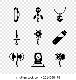 Arco medieval, personal mágico, amuleto de collares, poleaxe, Tumba con lápida, Dagger e ícono de bola de macizo encadenado. Vector
