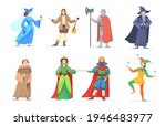 Set of medieval cartoon characters in historical costumes. Flat vector illustration. Fantasy king, queen, princess, wizard, executioner, bard of renaissance period. Fairytale, history concept