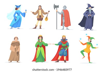 Set of medieval cartoon characters in historical costumes. Flat vector illustration. Fantasy king, queen, princess, wizard, executioner, bard of renaissance period. Fairytale, history concept