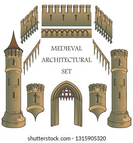 Set of the Medieval Castle architectural elements. Defencive structures. Towers, battlements, gates. Designers kit. EPS10 vector illustration