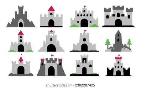 Set of medieval castle cartoon, knight fortress icon, rock castle, vector illustration isolated on white background