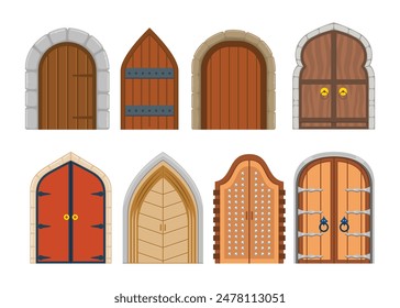 Set of Medieval castle door with wrought iron elements. Wooden doors, gates, Old vintage entrances from wood, metal. Ancient front portals, entries, doorways to palace, dungeon, vector illustration.