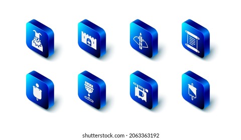 Das mittelalterliche Schlosstor, der Gefechtsbogen mit Pfeil, Dekret, Pergament, Scroll, Fahne, Straßenschild, Goblet und Joker-Kopfsymbol. Vektorgrafik