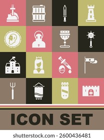 Set Medieval castle gate, flag, chained mace ball, sword, Monk, Ancient coin, Sword the stone and goblet icon. Vector