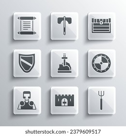 Set Medieval castle gate, Garden pitchfork, Round wooden shield, Sword in the stone, knight, Shield, Decree, parchment, scroll and Antique treasure chest icon. Vector