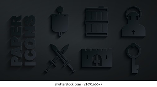 Set Medieval castle gate, Monk, Crossed medieval sword, Old key, Wooden barrel and flag icon. Vector