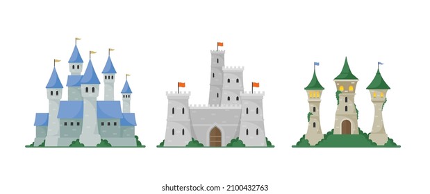 Set of Medieval Castle Towers. Fairytale Mansion Exterior, King Fortress or Fortified Palace with Gates. Old Ancient Gothic Buildings, Citadel Isolated on White Background. Cartoon Vector Illustration