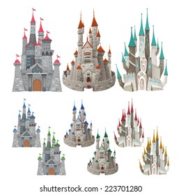 Set of medieval castles in different colors. Cartoon and vector isolated objects.