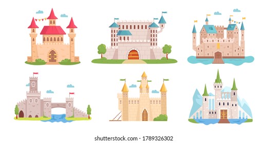 Set of Medieval Castles. Fairytale mansion exterior. Knight Fortress collection. Vector cartoon illustration.