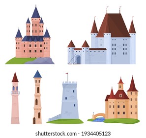 Set of medieval castles, fortresses and towers. Fortified housing of the ruler. Fabulous buildings. Vector illustration on a white background