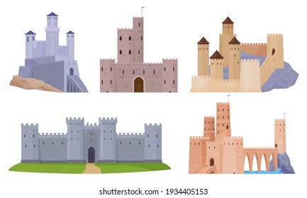 Set of medieval castles, fortresses and towers. Fortified housing of the ruler. Fabulous buildings. Vector illustration on a white background