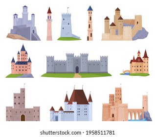 Set of medieval castles, fortresses and towers. Fortified housing of the ruler. Fabulous buildings.