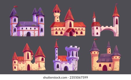 Set of medieval castles isolated on background. Vector cartoon illustration of ancient royal palaces with stone towers, arch windows and entrance gates, fairytale fortresses, game design elements