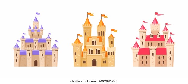 Set of medieval castles. Vector flat illustration.