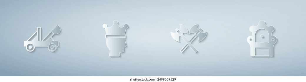 Conjunto de catapulta medieval, corona del rey, hachas medievales cruzadas y trono. Estilo de arte de papel. Vector
