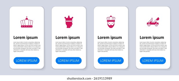 Set Medieval catapult, King with crown,  and . Business infographic template. Vector