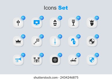 Conjunto de catapulta medieval, maza con espigas, corona del rey, bandera de trompeta, escudo, escudo redondo, hacha e icono de espada. Vector