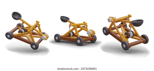 Set of medieval catapults in different positions. Ancient ballistic device. Effective weapon for long range combat. Wooden catapult with empty bucket. Vector