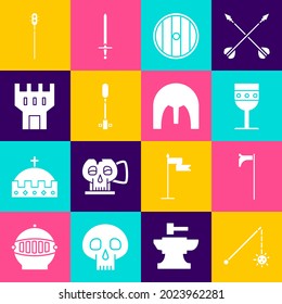 Set Medieval chained mace ball, axe, goblet, Round wooden shield, Torch flame, Castle tower,  and iron helmet icon. Vector