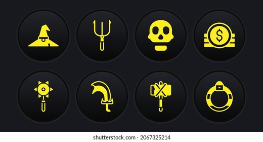 Set Medieval chained mace ball, Ancient coin, Sword for game, axe, Skull, Neptune Trident, Magic stone ring and Witch hat icon. Vector