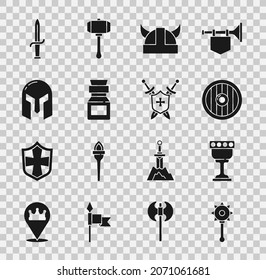 Juego de pelota de macizo de cadena medieval, goblet, escudo de madera redonda, casco de cuerno de vikingo, botella de veneno, hierro, Dagger y con icono de espadas. Vector