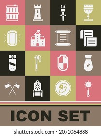 Set Medieval chained mace ball, Old money bag, Decree, parchment, scroll, Torch flame, Castle, fortress, Diamond, Wooden barrel and  icon. Vector