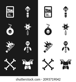 Set Medieval chained mace ball, Bomb ready to explode, Card game collection, Magic wand, Sword for, staff, Body armor and Crossed human bones icon. Vector