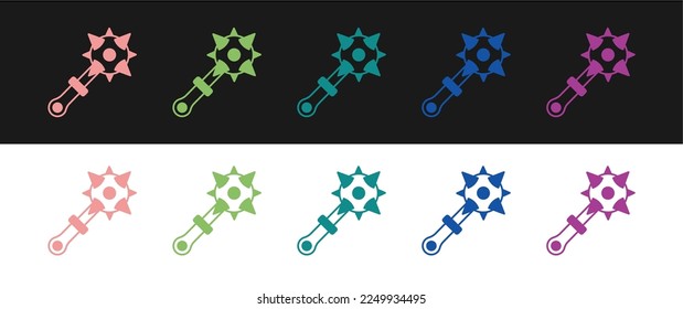 Set Medieval chained mace ball icon isolated on black and white background. Morgenstern medieval weapon or mace with spikes.  Vector