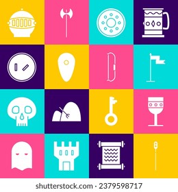 Set Medieval chained mace ball, goblet, flag, Round wooden shield, Shield, iron helmet and bow icon. Vector