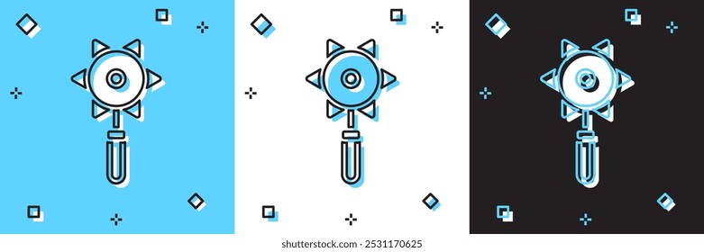 Conjunto Medieval encadenado icono de bola de maza aislado en azul y blanco, fondo negro. Arma medieval.  Vector