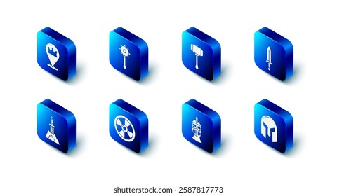 Set Medieval chained mace ball, Hammer, sword, iron helmet, Round wooden shield, Sword the stone and Location king crown icon. Vector