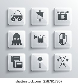 Set Medieval chained mace ball, Crossed medieval axes, Shield, Trumpet with flag, Decree, parchment, scroll, Executioner mask, Wooden four-wheel cart and Street signboard Bar icon. Vector