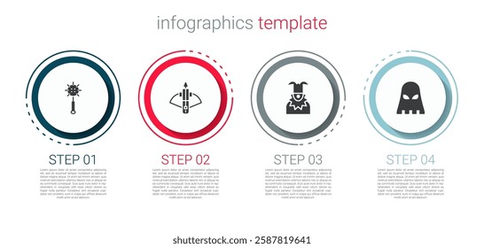 Set Medieval chained mace ball, Battle crossbow with arrow, Joker head and Executioner mask. Business infographic template. Vector