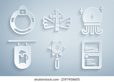 Set Medieval chained mace ball, Magic, Street signboard with Bar, Card game collection, Christian cross and stone ring icon. Vector