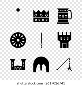 Set Medieval chained mace ball, King crown, Wooden mug, Castle, iron helmet, Old wooden wheel and sword icon. Vector